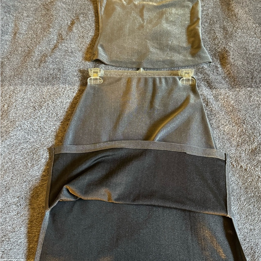 2 piece set. Sparkly gray shirt and skirt